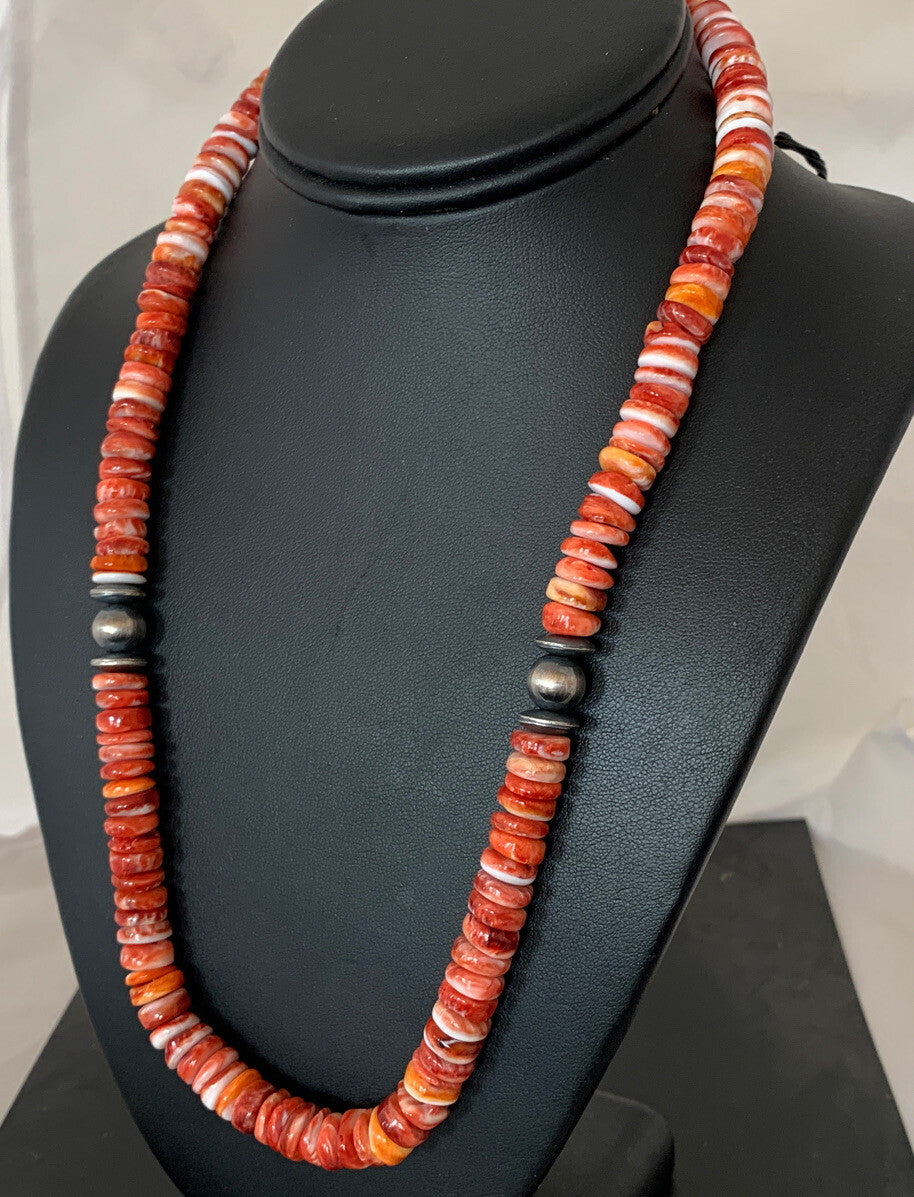 Red Spiny Oyster Navajo Sterling Silver Beads 20" Necklace 00556