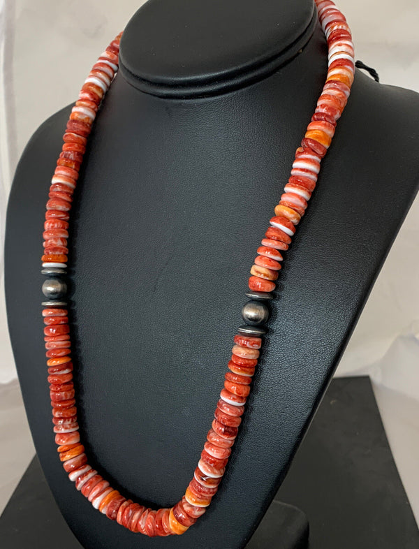Red Spiny Oyster Navajo Beads 20"Necklace | Sterling Silver | Authentic Native American Handmade | 00556