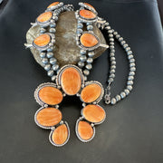 XL Orange Spiny Oyster Squash Blossom Necklace | Sterling Silver | Authentic Native American Handmade | 18134