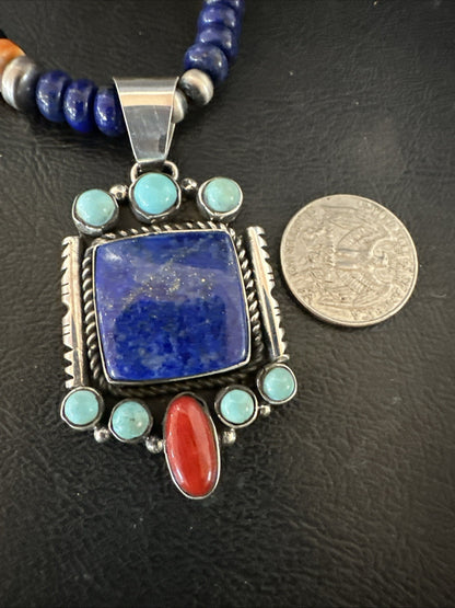 Multicolor Lapis Turquoise Pendant Navajo Sterling Silver Necklace 22” 19468