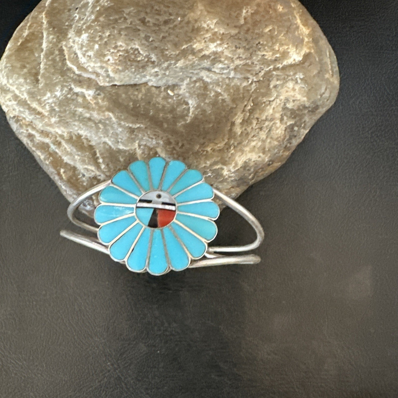 Old Pawn Sunface Turquoise Zuni Sterling Silver Onyx Bracelet 6.5” 19129