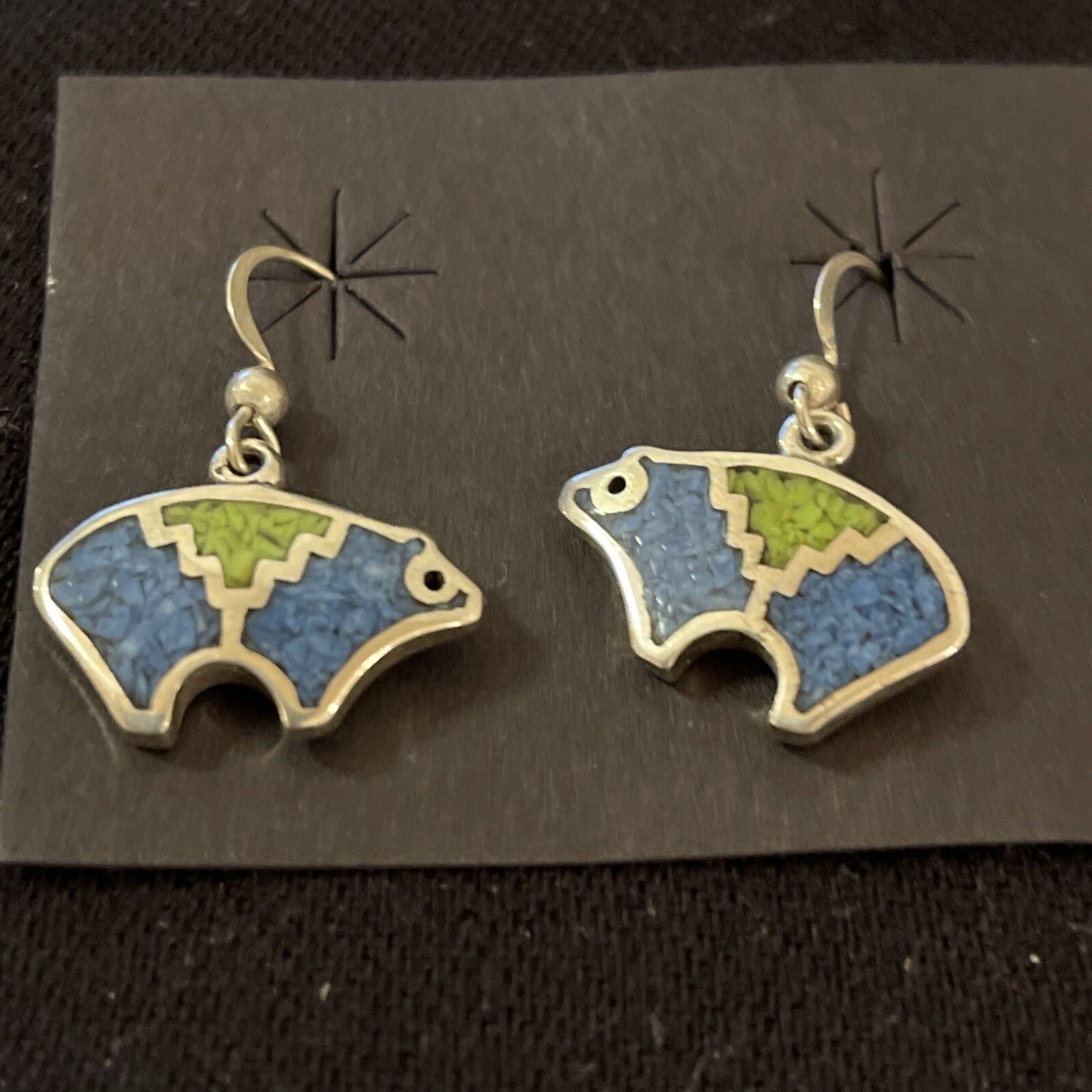 Blue Lapis & Green Turquoise Sterling Silver Bear Inlay Earrings 0.25" 01510