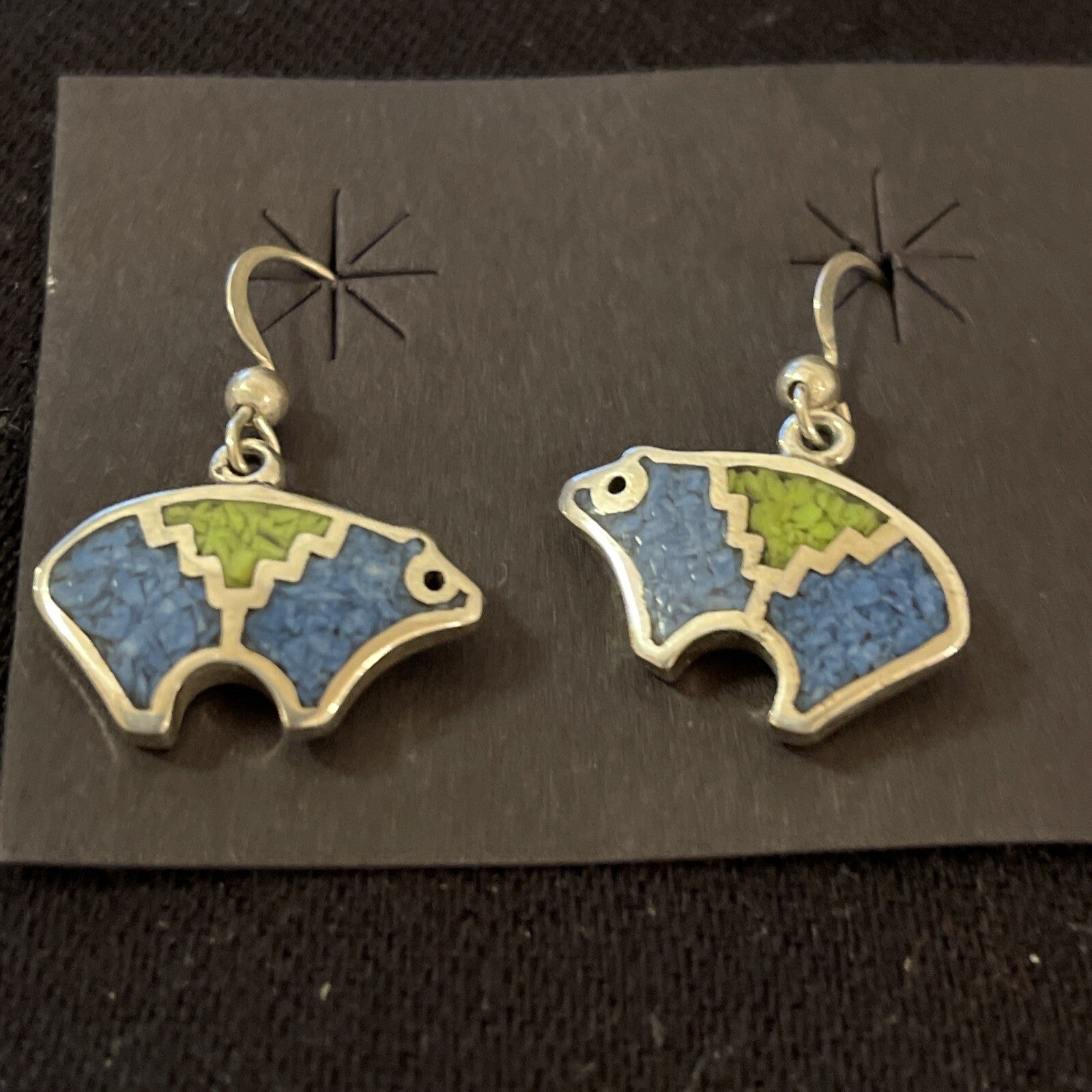 Blue Lapis & Green Turquoise Sterling Silver Bear Inlay Earrings 0.25" 01510