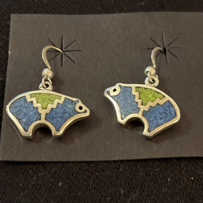 Blue Lapis & Green Turquoise Sterling Silver Bear Inlay Earrings 0.25" 01510