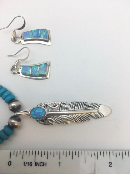 Native Opal & Turquoise Pendant Sterling Silver Necklace & Earrings 08905