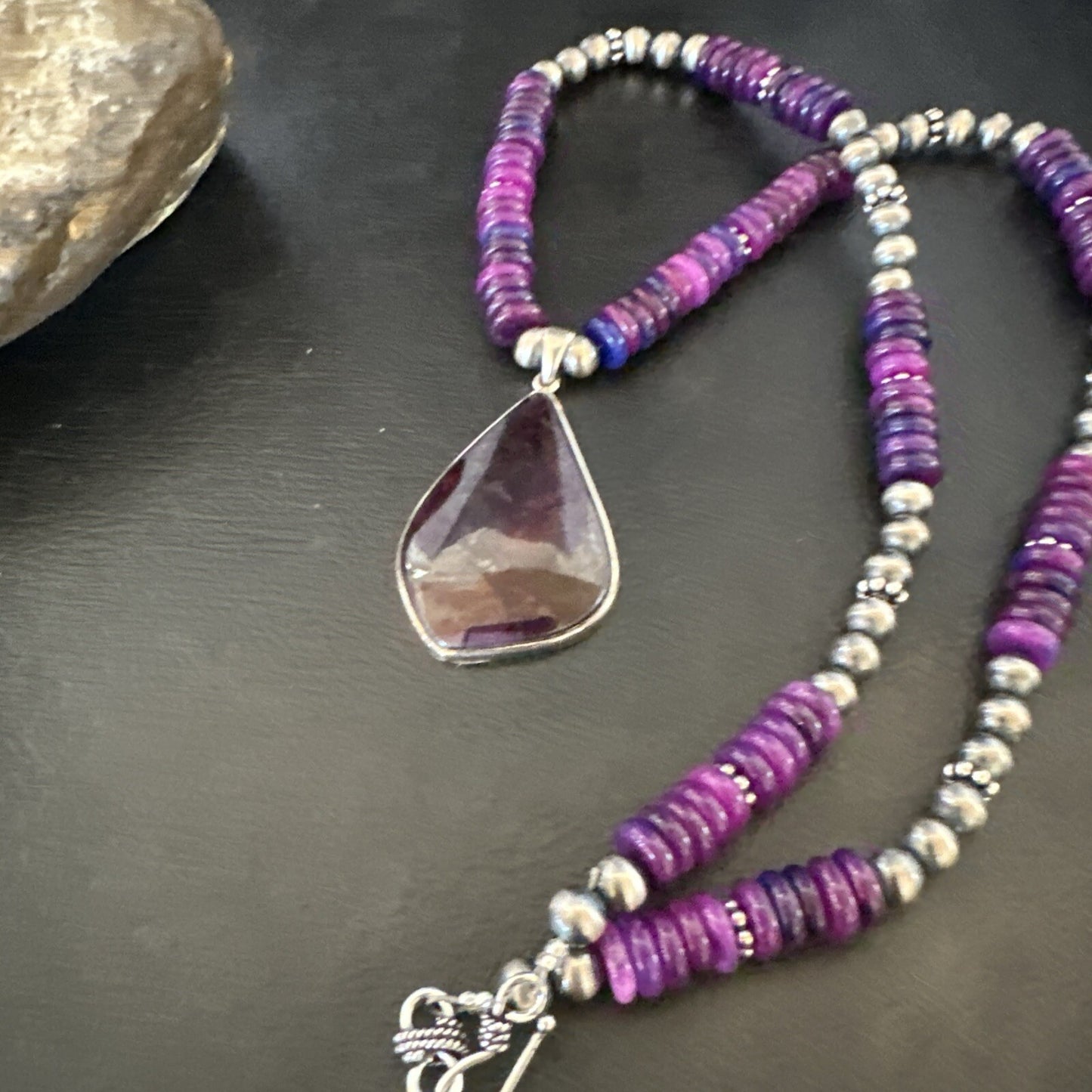 Purple Stone Pendant Navajo Pearls Sterling Silver Necklace 23" 17936