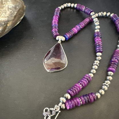 Purple Stone Pendant Navajo Pearls Sterling Silver Necklace 23" 17936