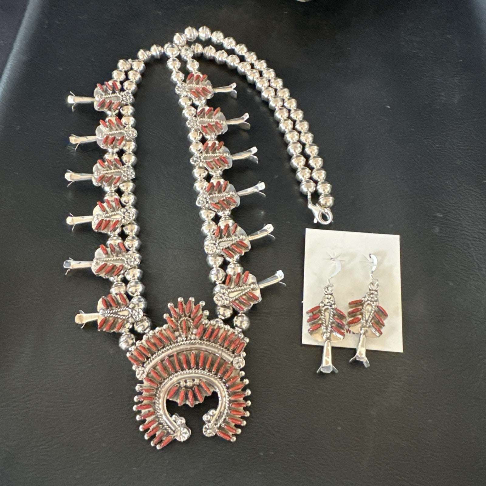 ZUNI Coral Sterling Silver Squash Blossom Needlepoint Necklace Earrings 19277