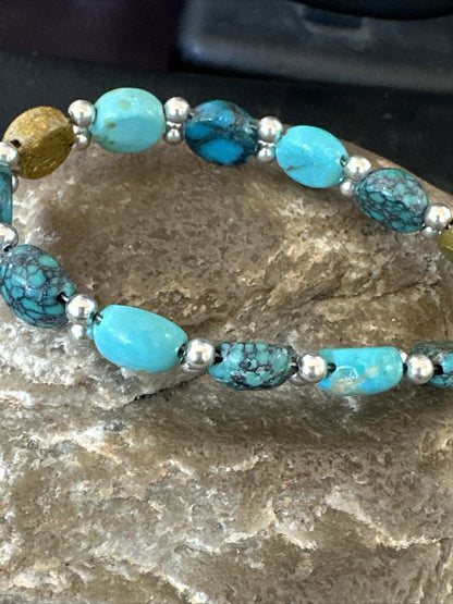 Womens Blue Turquoise Bead Southwestern Sterling Silver Link Bracelet 8" 17236A