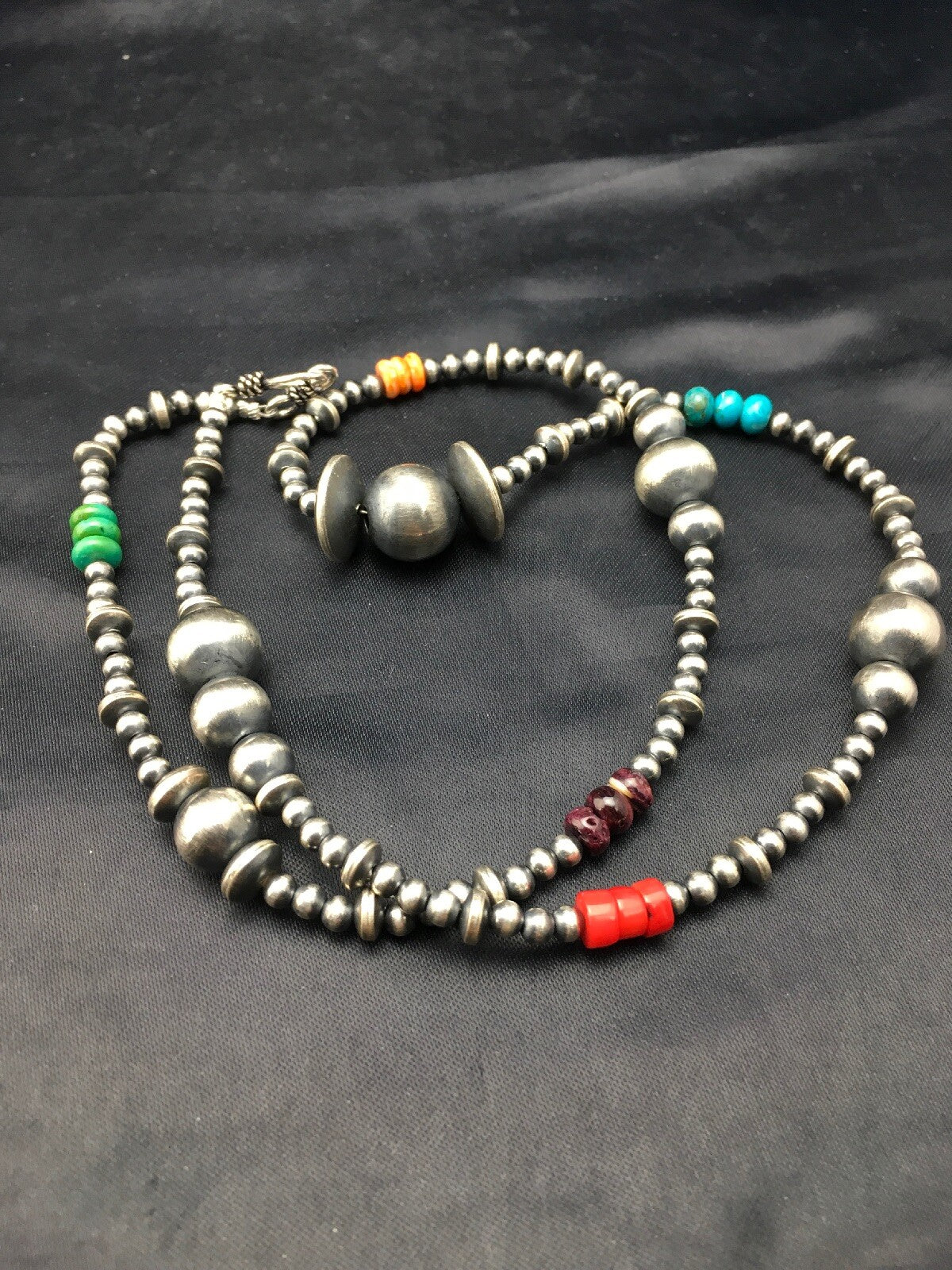 Turquoise Coral & Spiny Oyster Navajo Pearls Sterling Silver Bead Necklace 24"