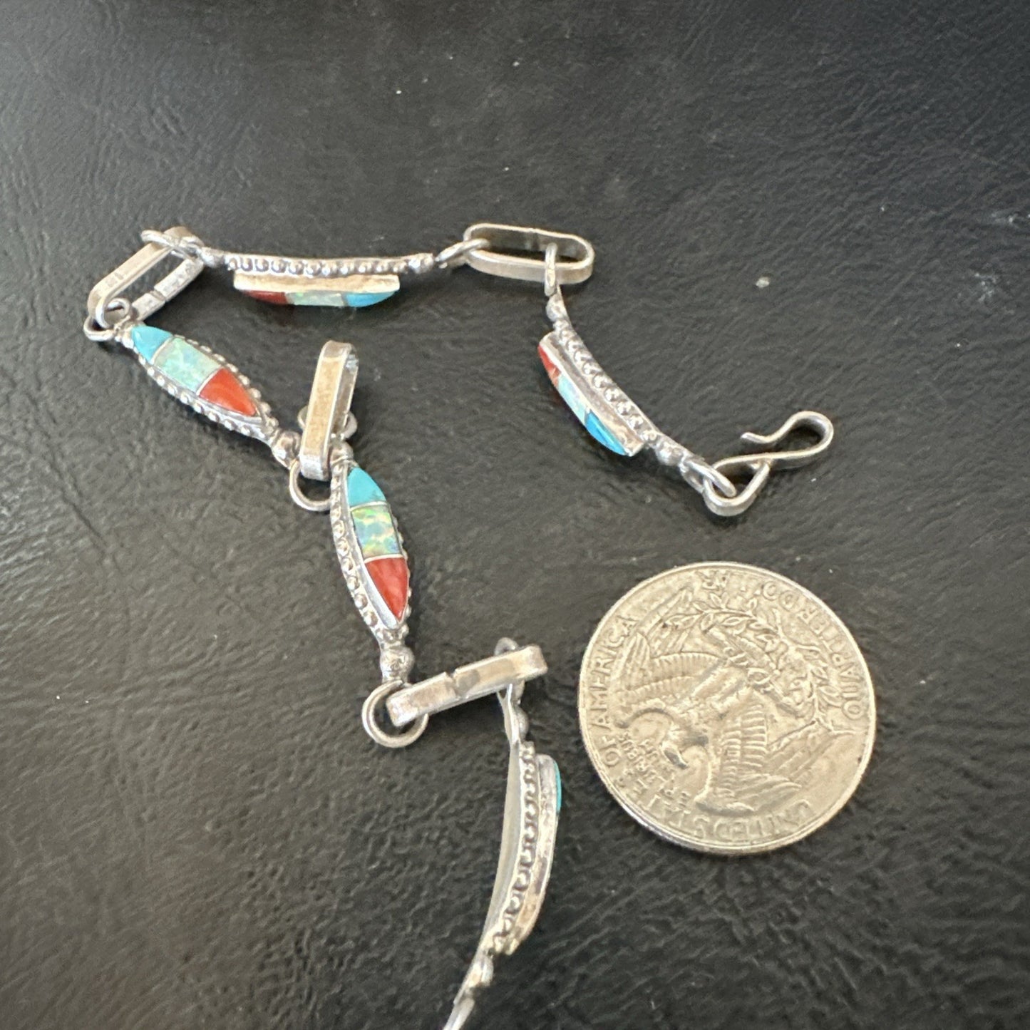 Women Oldpawn Turquoise Opal Coral Navajo Sterling Silver Link Bracelet 8” 19798