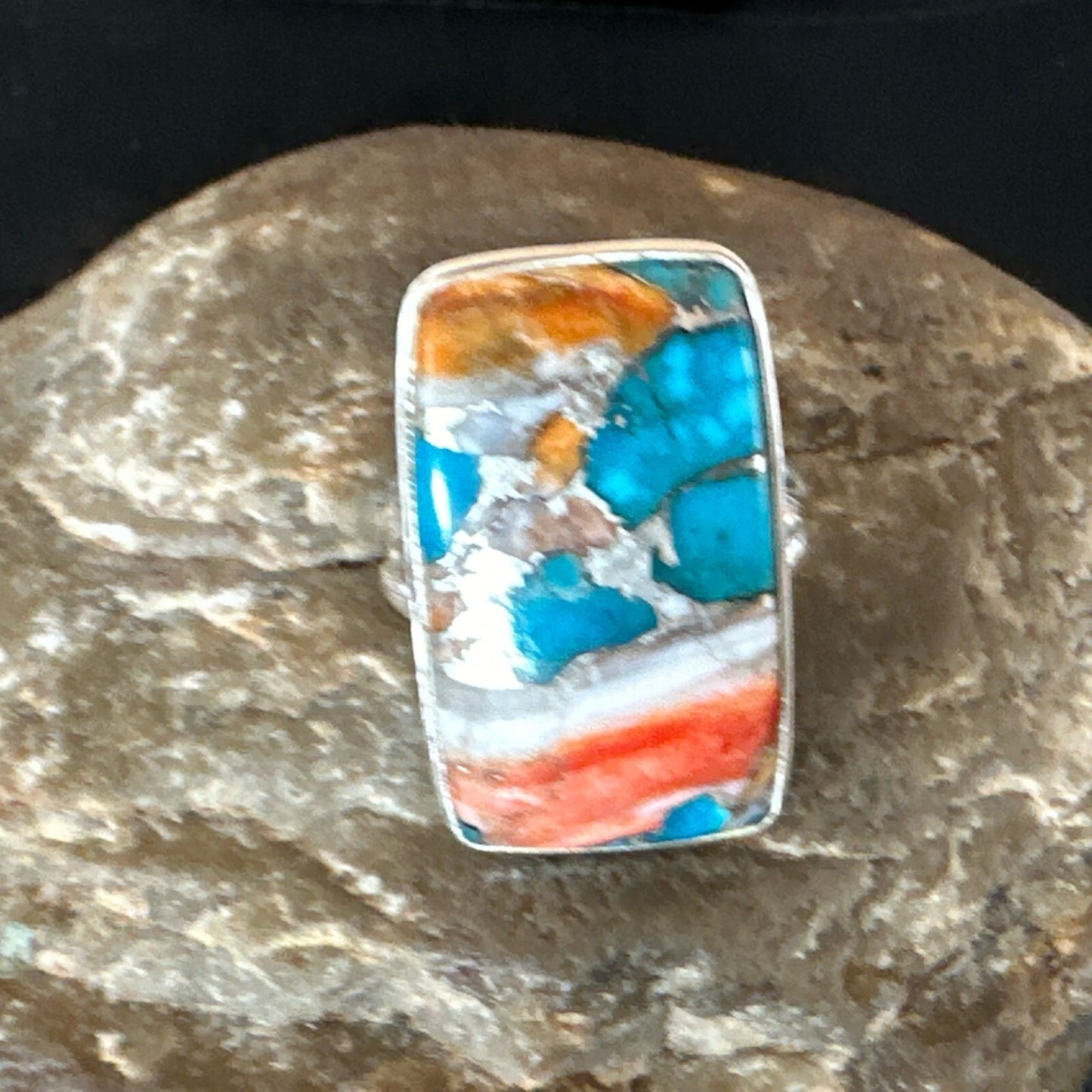 Blue Turquoise Orange Spiny Oyster Navajo Sterling Silver Ring Size 10 18246