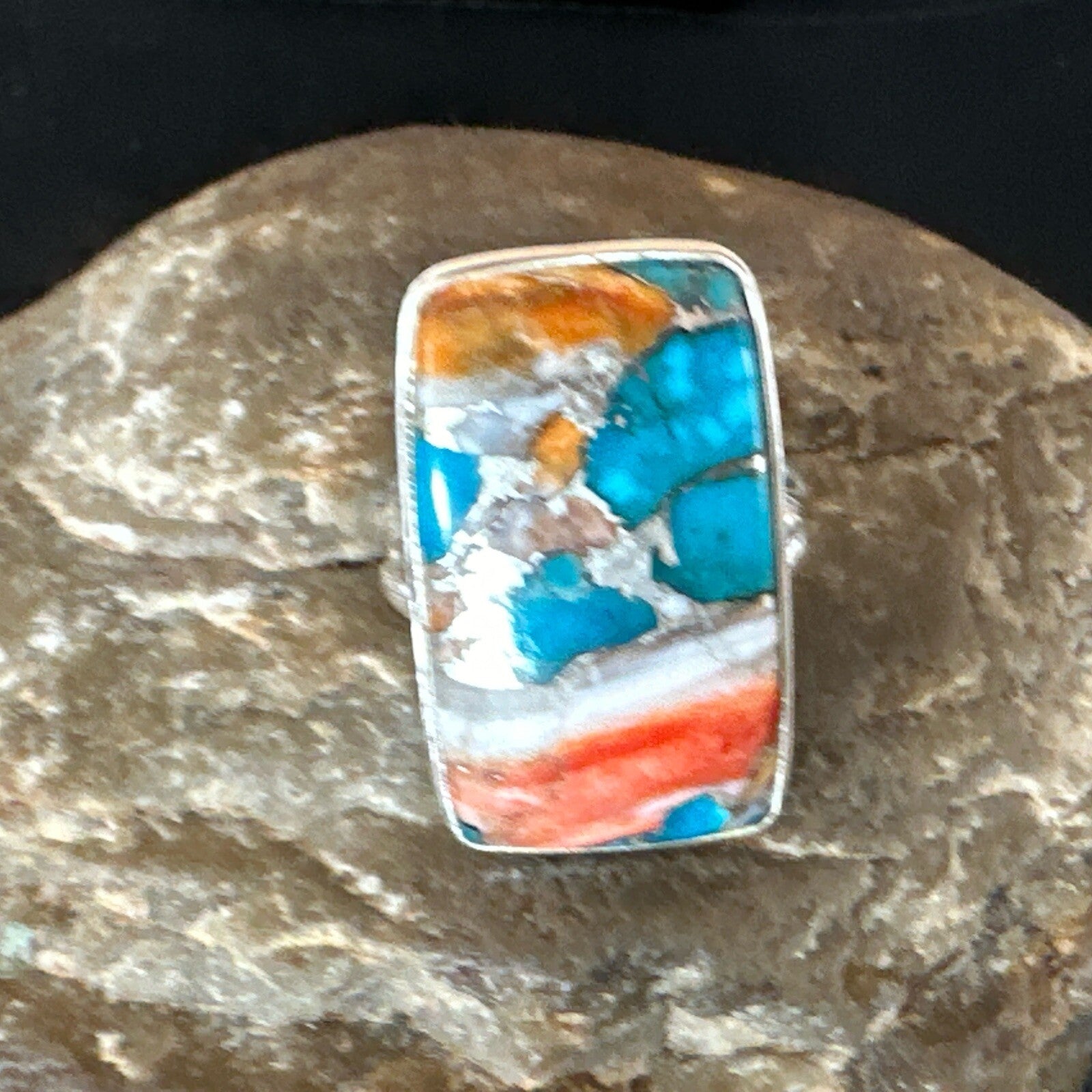 Blue Turquoise Orange Spiny Oyster Navajo Sterling Silver Ring Size 10 18246