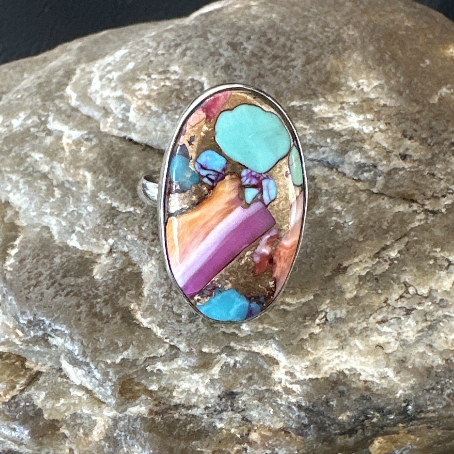 Blue Turquoise Spiny Oyster Navajo Sterling Silver Ring Size 8 18234
