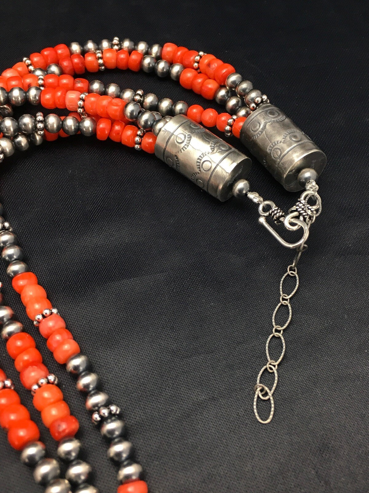 Red Coral 3 Strand Sterling Silver Navajo Necklace 02585