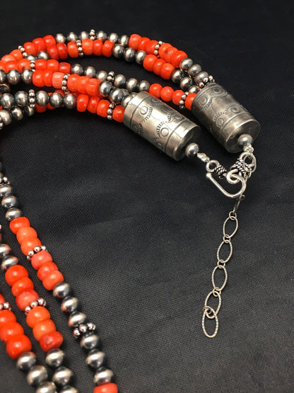 Red Coral 3 Strand Sterling Silver Navajo Necklace 02585