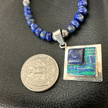 Mens Womens Blue Lapis Opal Navajo Sterling Silver Pendant Necklace 21”18339