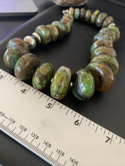 Green Natural Turquoise Chunky Graduated Navajo Sterling Silver Necklace 11765