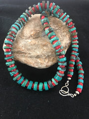 Navajo Men's Heishi Turquoise Coral Necklace | Sterling Silver | Authentic Native American Handmade | 8506