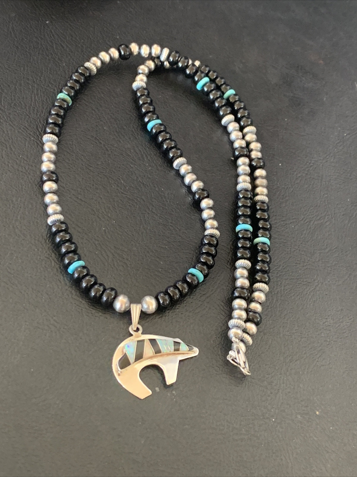 Turquoise Opal Inlay Pendant Black Onyx Navajo Sterling Silver Necklace 12698