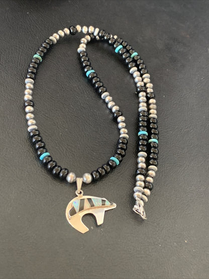 Turquoise Opal Inlay Pendant Black Onyx Navajo Sterling Silver Necklace 12698