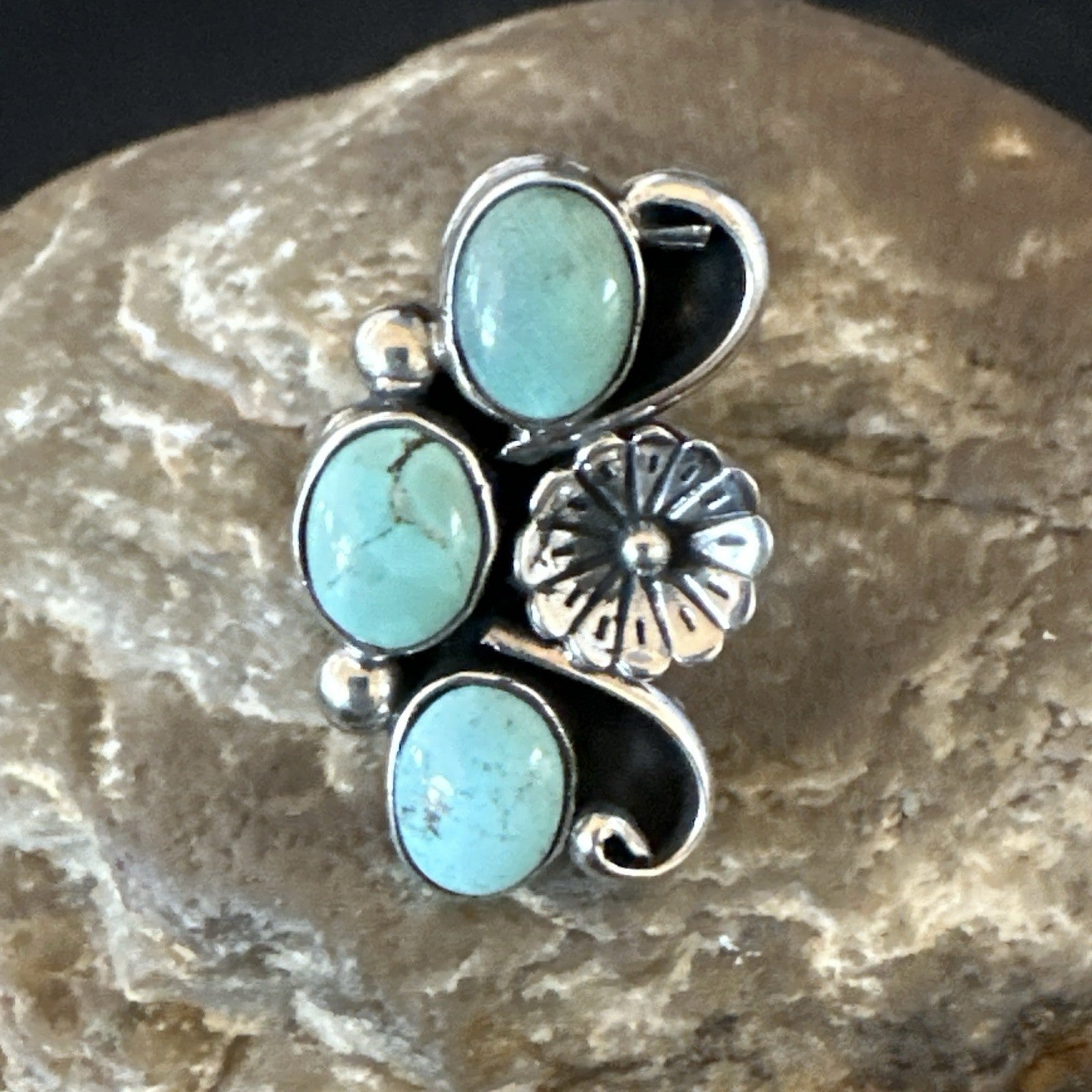 Blue Green Turquoise Navajo Sterling Silver Cluster Ring Size 8.5 19081