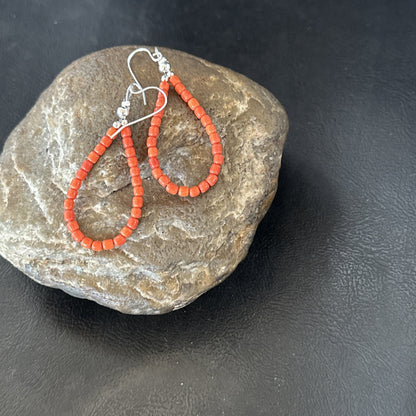 Red Coral Southwestern Sterling Silver Earrings 2” 18837