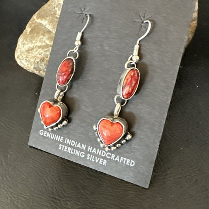Yazzie Red Heart Spiny Oyster Navajo Sterling Silver Dangle Earrings 19797