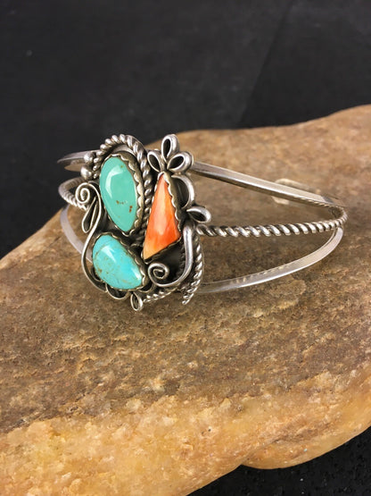 Spiny Oyster & Turquoise Navajo Sterling Silver Bracelet 08846