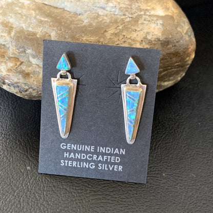 Native Womens Blue Opal Inlay Navajo Sterling Silver Dangle Earrings 12777