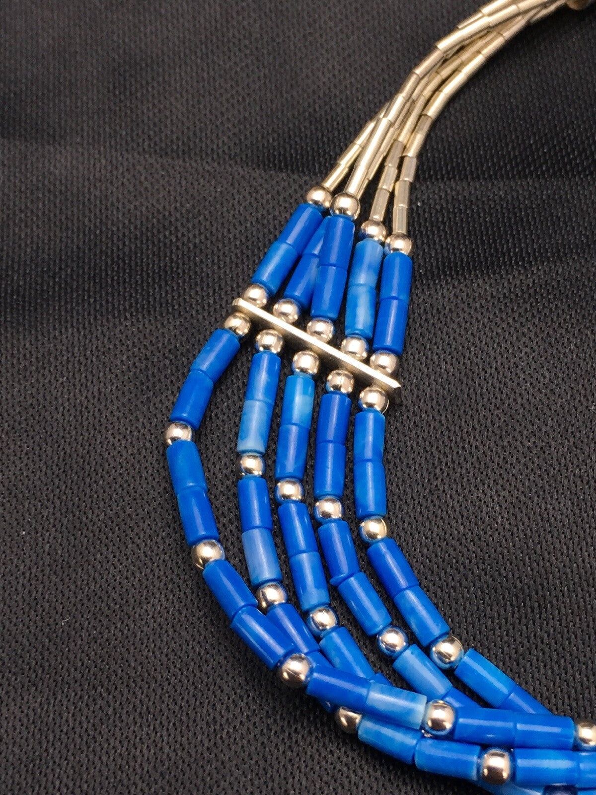 Blue Lapis Heishi 5 Strand Southwestern Liquid Sterling Silver Bracelet 7" 02935