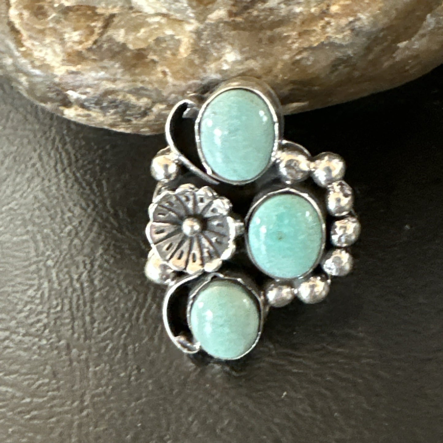 Yazzie Ring Green Turquoise Navajo Sterling Silver Cluster Size 9 19208
