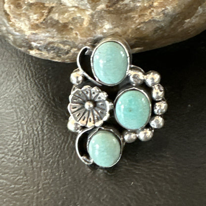 Yazzie Ring Green Turquoise Navajo Sterling Silver Cluster Size 9 19208