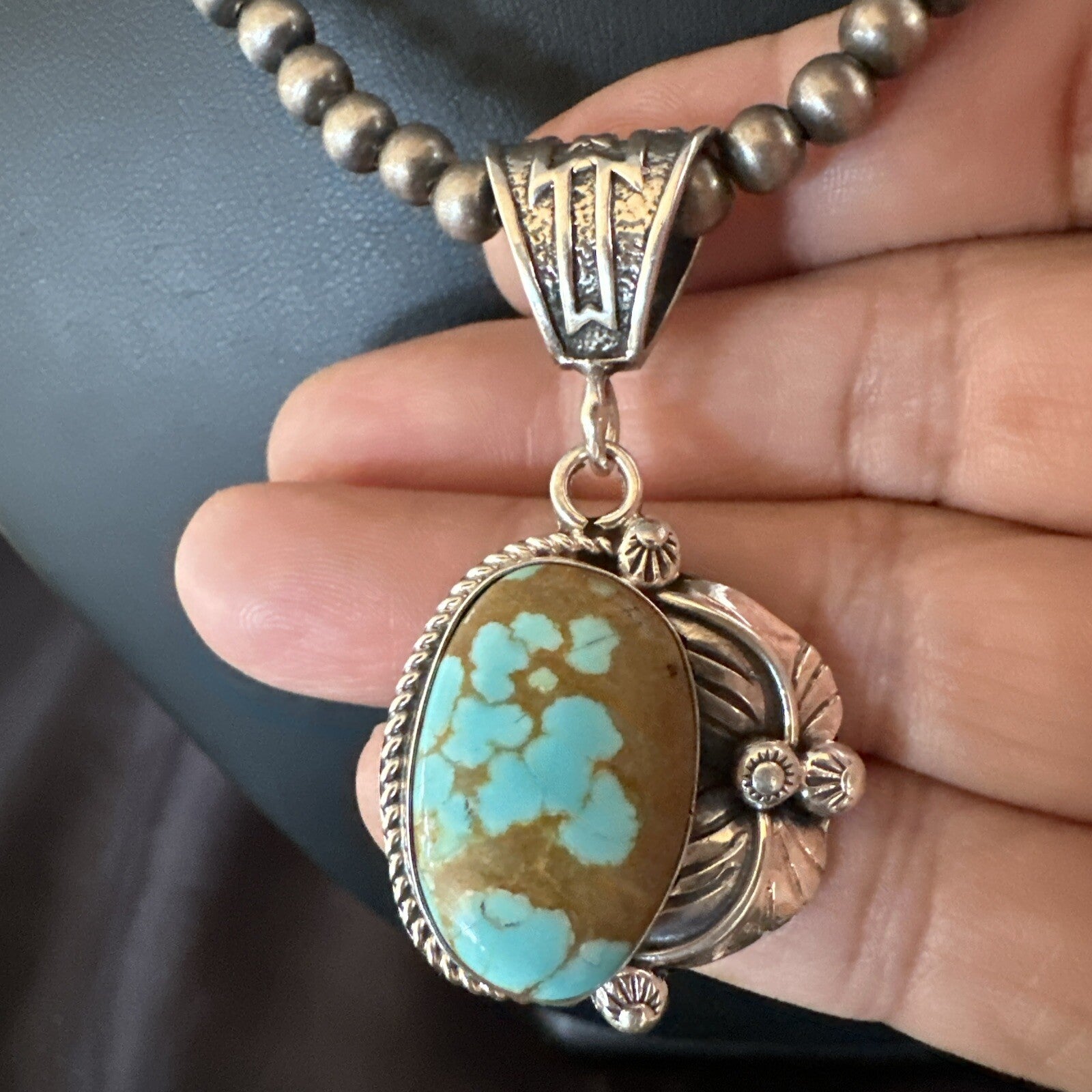 Mens Blue Turquoise#8 Pendant Navajo Sterling Silver Necklace 18086