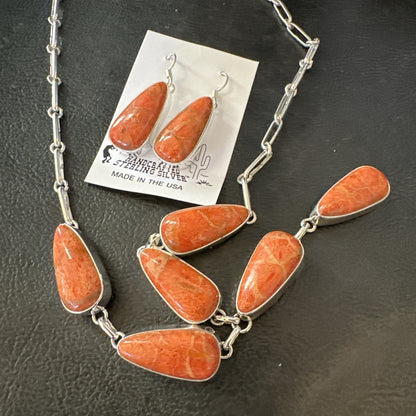 Women Apple Coral Lariat Necklace Pendant Earrings Sterling Silver 16” 18409