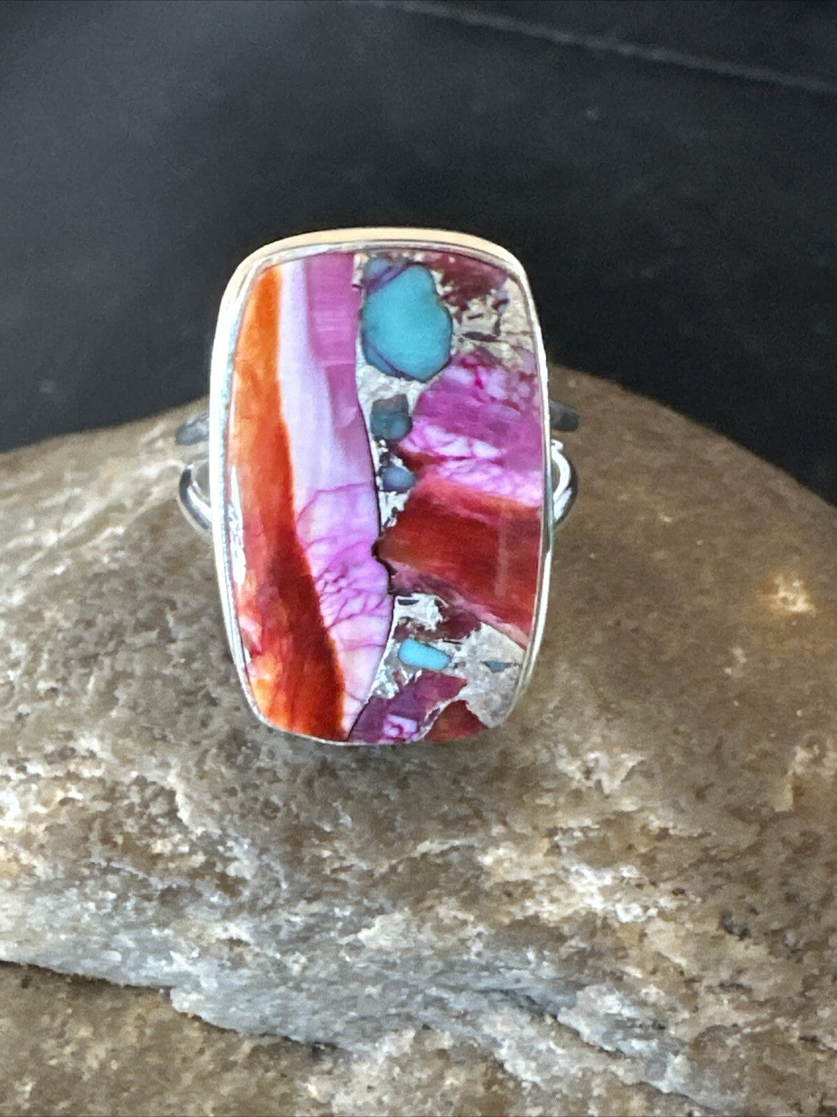 Blue Turquoise Spiny Oyster Southwestern Sterling Silver Ring Size 8 18487