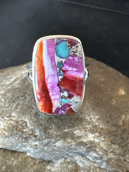 Blue Turquoise Spiny Oyster Southwestern Sterling Silver Ring Size 8 18487