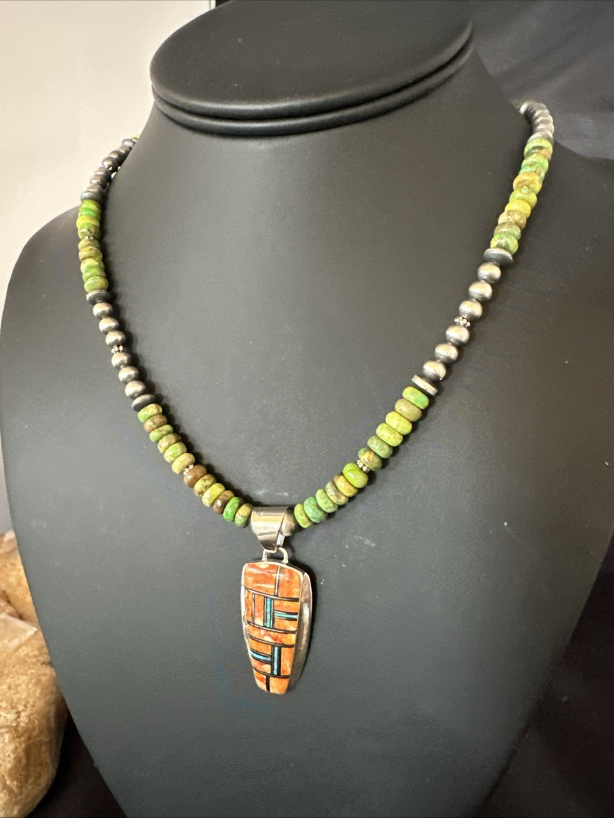 Green Turquoise Orange Spiny Pendant Sterling Silver Necklace 21” 19228