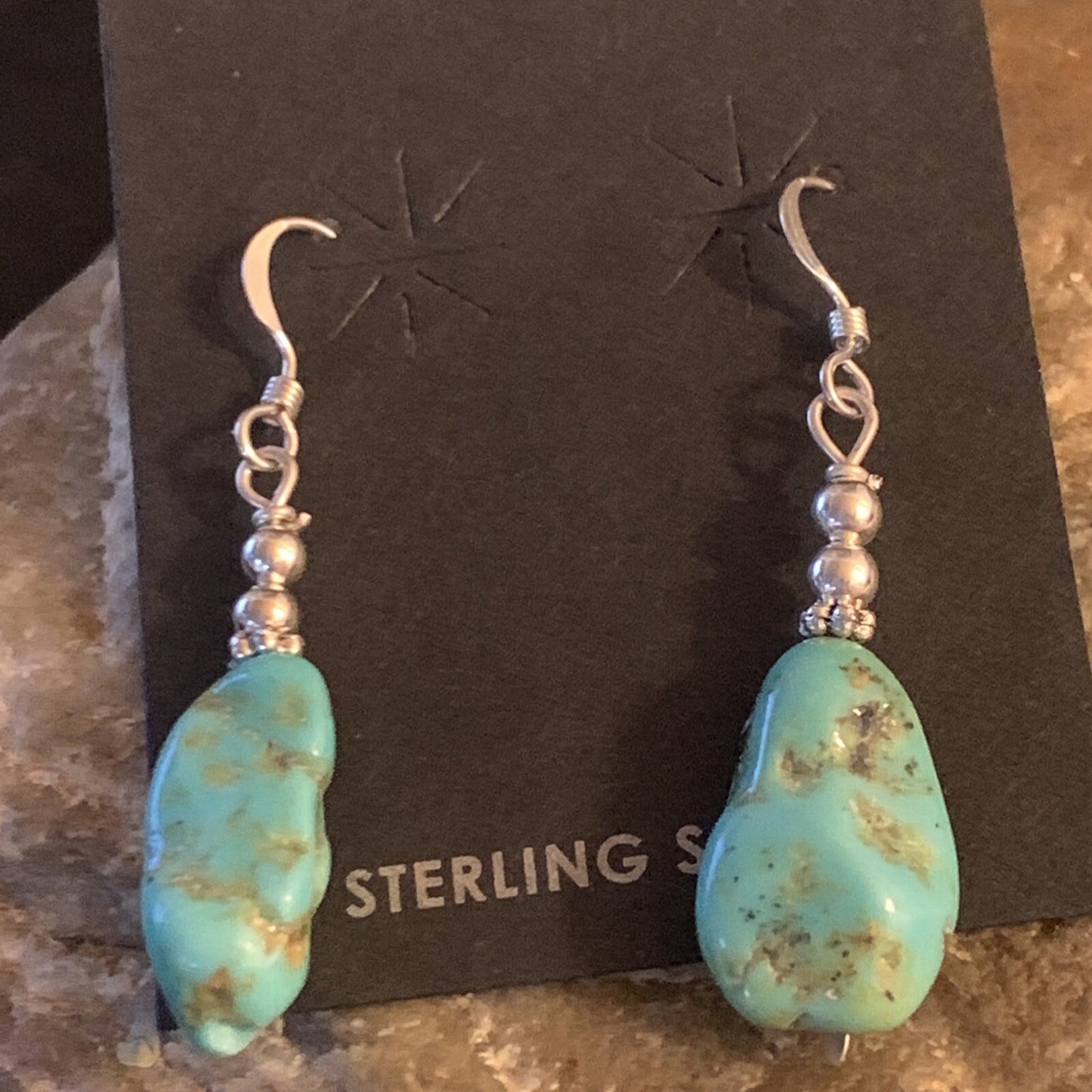 Blue Turquoise Nugget Sterling Silver Beads Navajo Earrings 1" 12892