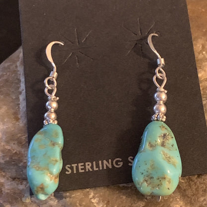 Blue Turquoise Nugget Sterling Silver Beads Navajo Earrings 1" 12892