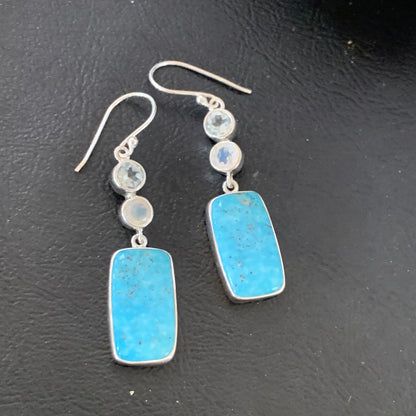 Womens Blue Kingman Turquoise Navajo Sterling Silver Earrings 12036