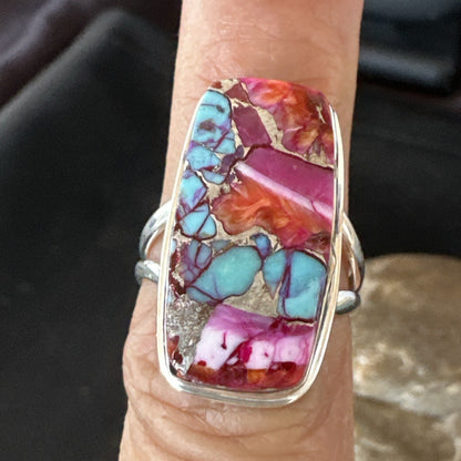 Blue Turquoise Spiny Oyster Southwestern Sterling Silver Ring Size 7 18492