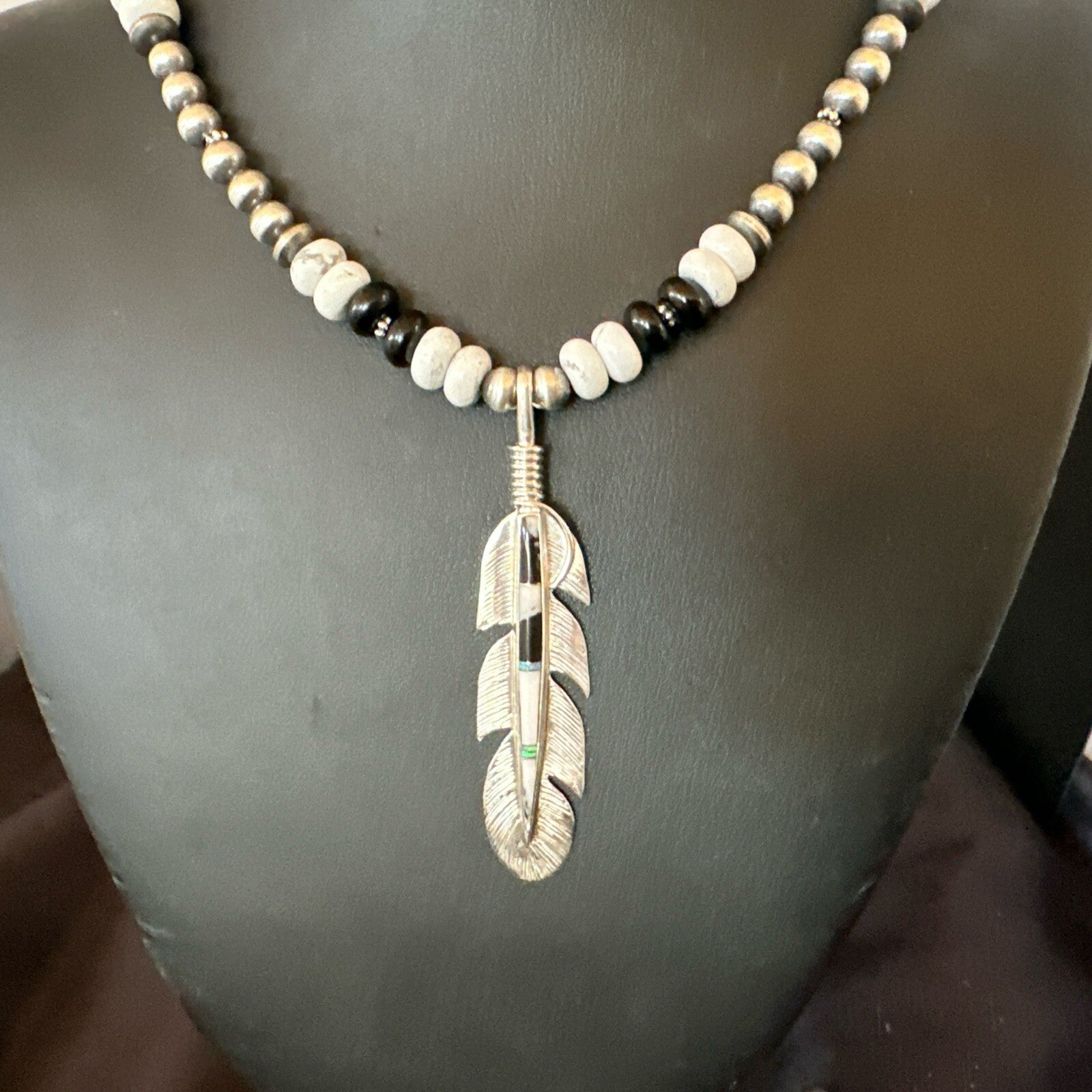 Feather White Buffalo Turquoise Opal Pendant Sterling Silver Necklace 21” 18670