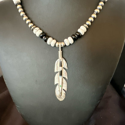 Feather White Buffalo Turquoise Opal Pendant Sterling Silver Necklace 21” 18670