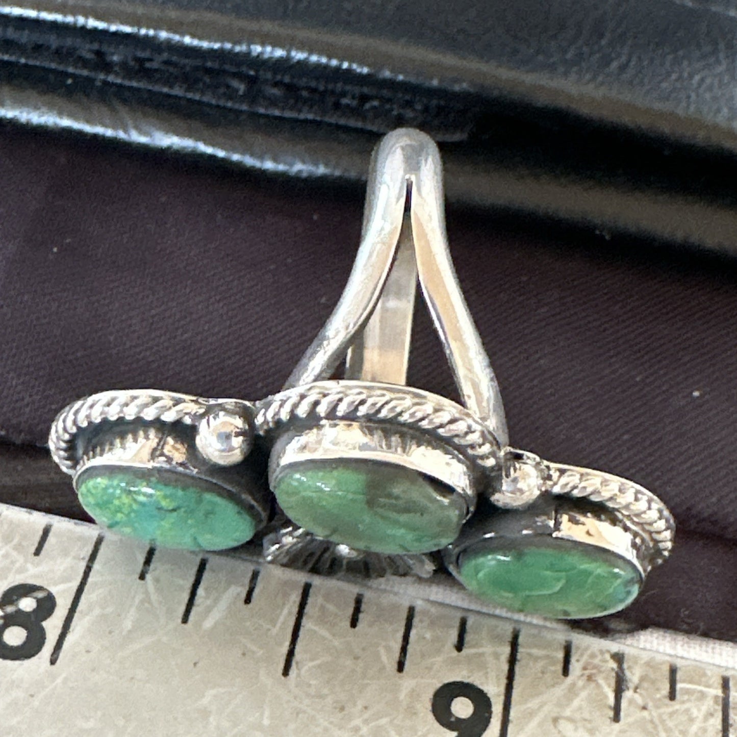 Yazzie Ring Green Turquoise Navajo Sterling Silver Cluster Size 8 19243