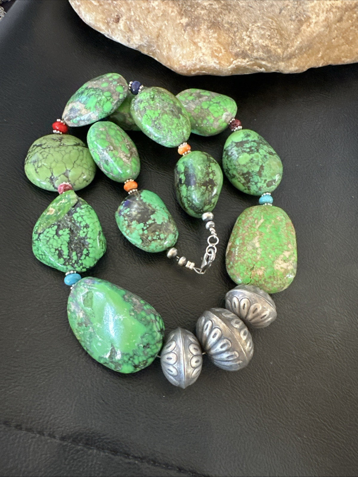 Green Turquoise Chunky Multicolor Southwest Sterling Silver Necklace 21" 19251