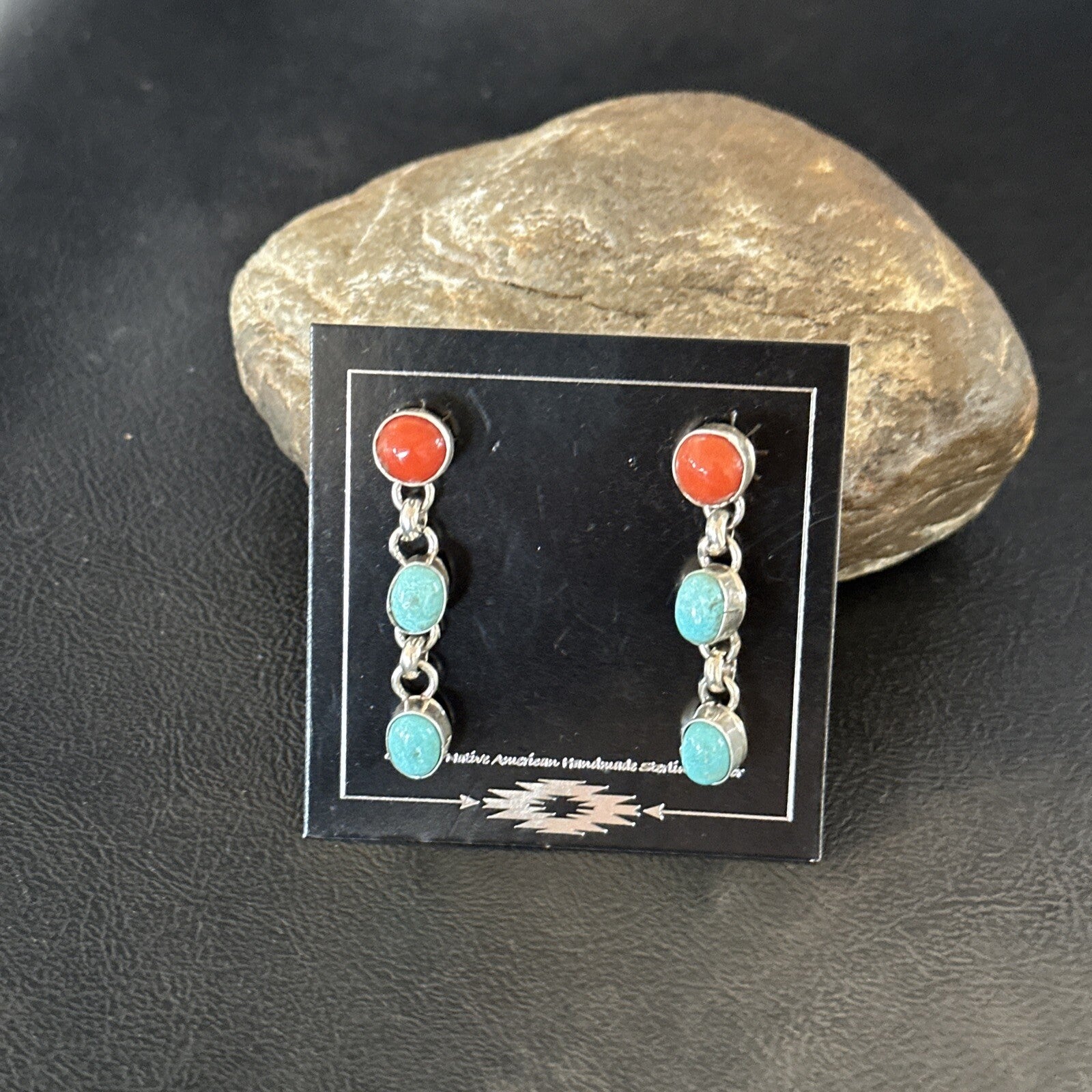 Blue Turquoise Red Spiny MultiColor Navajo Sterling Silver Inlay Earrings 18355