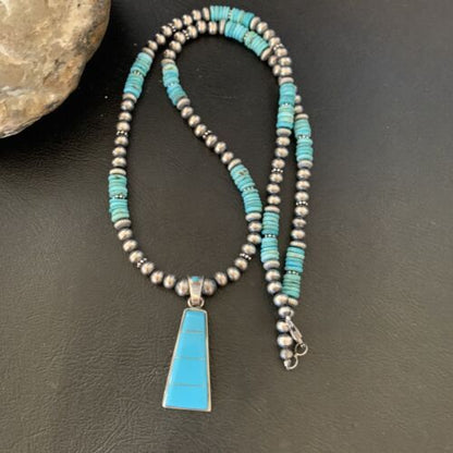Blue Turquoise Inlay Pendant Navajo Pearls Sterling Silver Necklace 12613