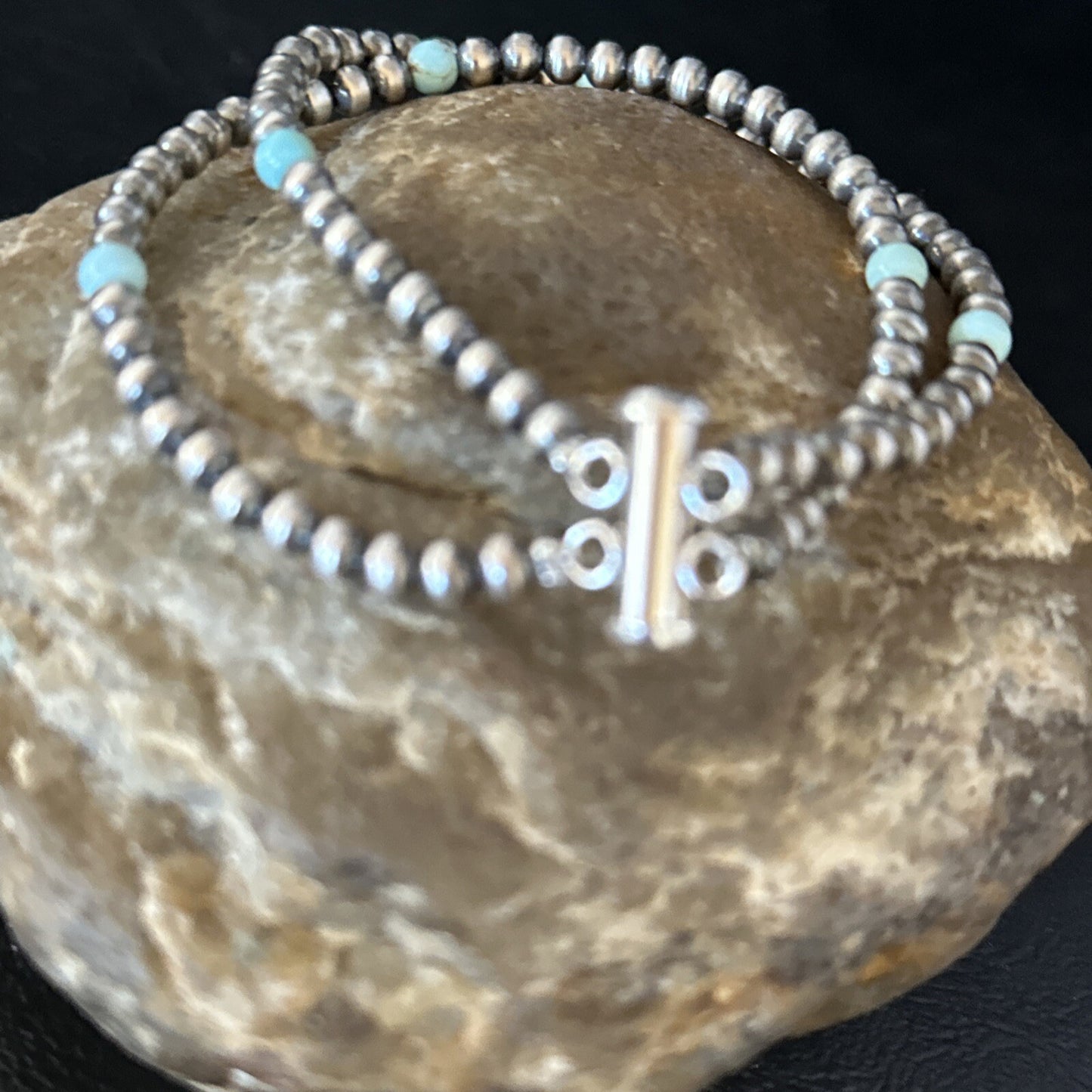 Native Navajo Sterling Silver Blue Turquoise Bracelet 2S 7.5" 14385