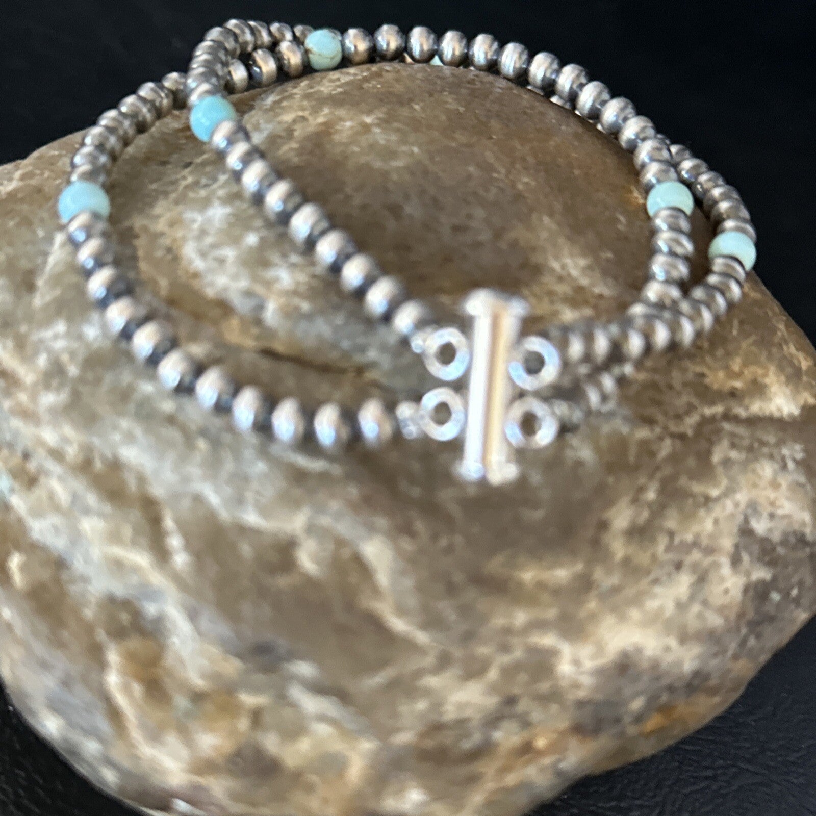 Native Navajo Sterling Silver Blue Turquoise Bracelet 2S 7.5" 14385